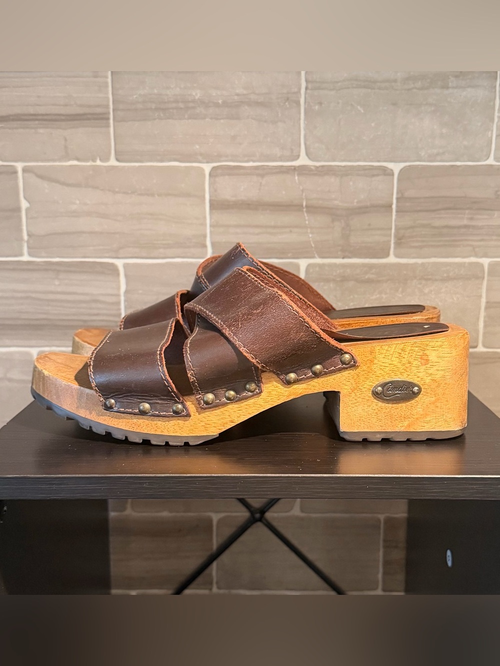 Vintage 90s Candie’s Brown Leather Wood Block Heel Slide Clog Sandals Sz 8.5